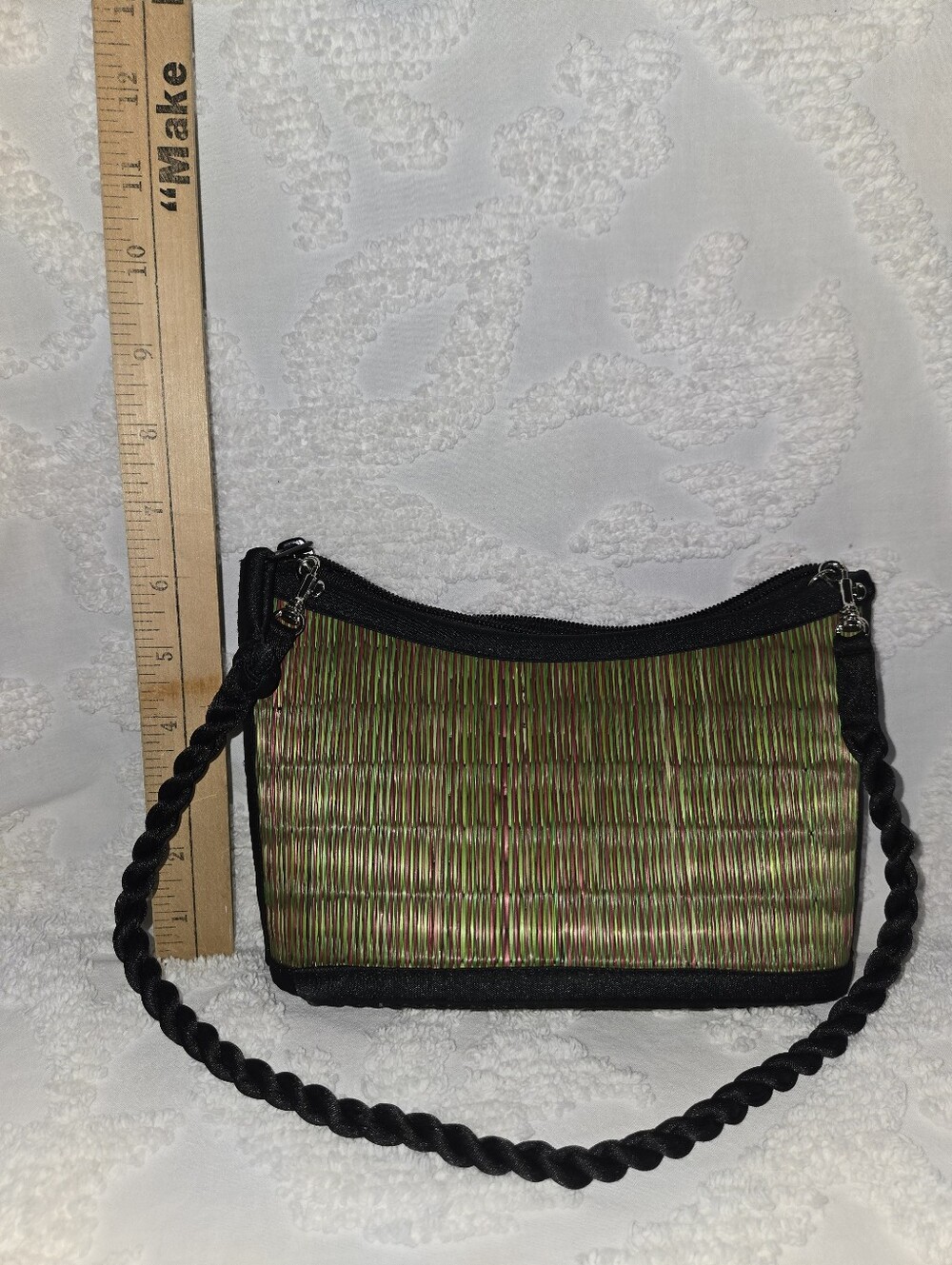 Baskets Of Cambodia Woven Green Straw Bag Black Trim 10x6 Eco Friendly Purse